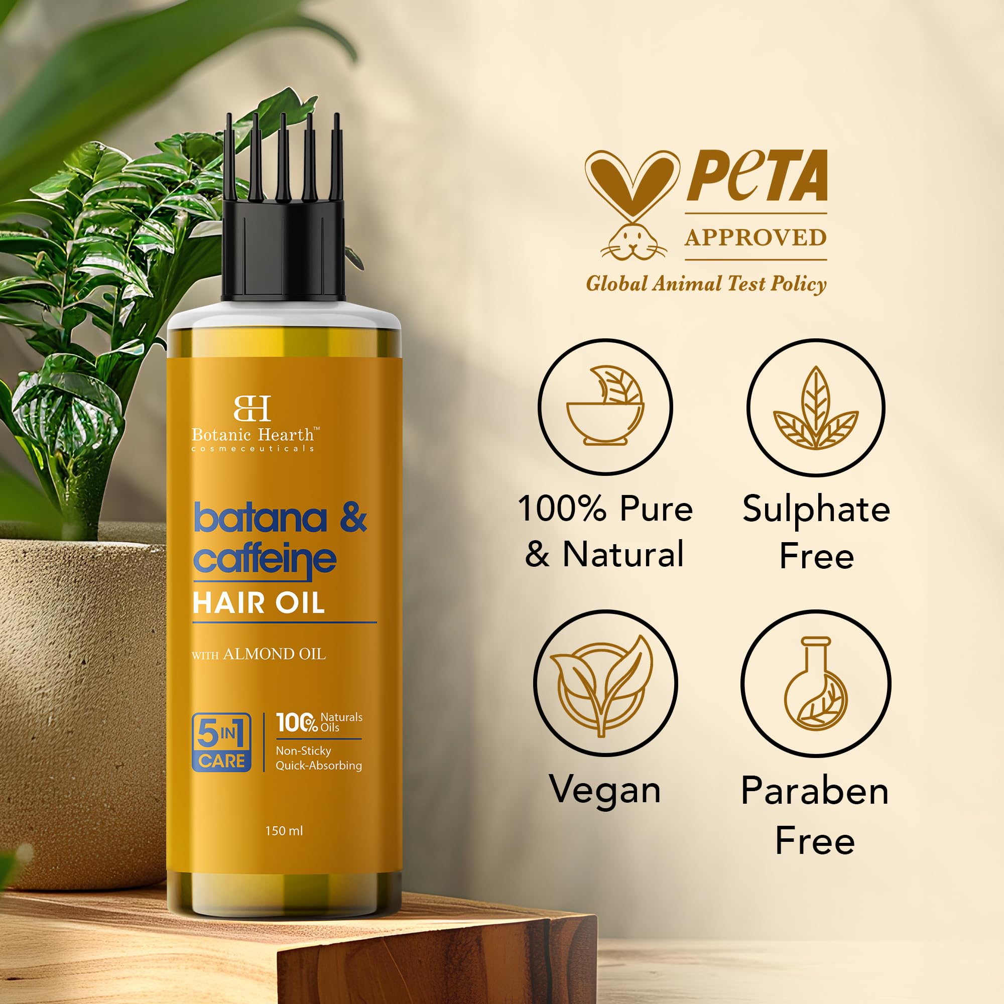 Botanic Hearth Batana Caffeine Hair Oil with Almond – 150ml – Nourishing & Strengthening Hair Treatment, Promotes Healthy Hair Growth, Enhances Shine & Moisture