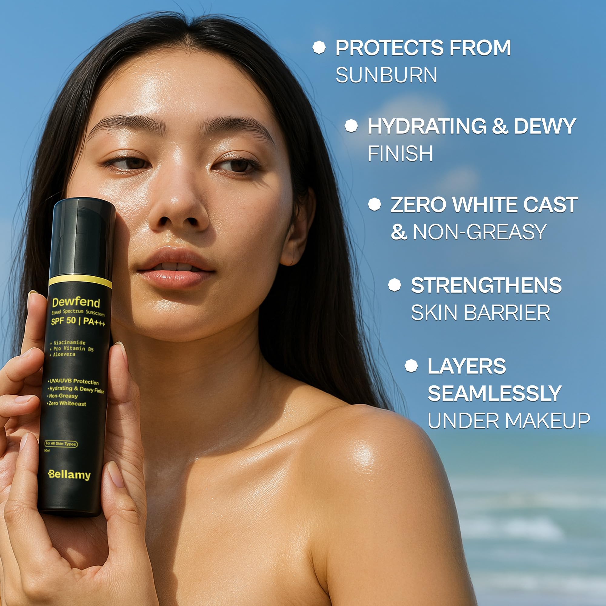 Bellamy Dewfend SPF 50 PA+++ Dewy Gel Sunscreen with Niacinamide, Pro Vitamin B5 & Aloevera | 50g | For All Skin Types | Layers Under Makeup | No White Cast & Non-Greasy