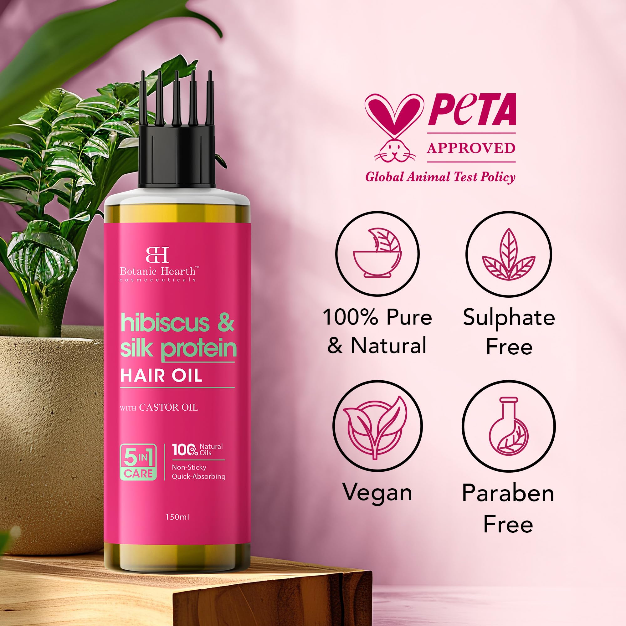 Botanic Hearth Hibiscus Silk Protein Hair Oil for Hair Growth & Hair Fall Control|Nourishing Scalp & Hair Treatment with Castor Oil |Reduces Frizz, Adds Shine|Comb Applicator |For Men & Women|150 ml