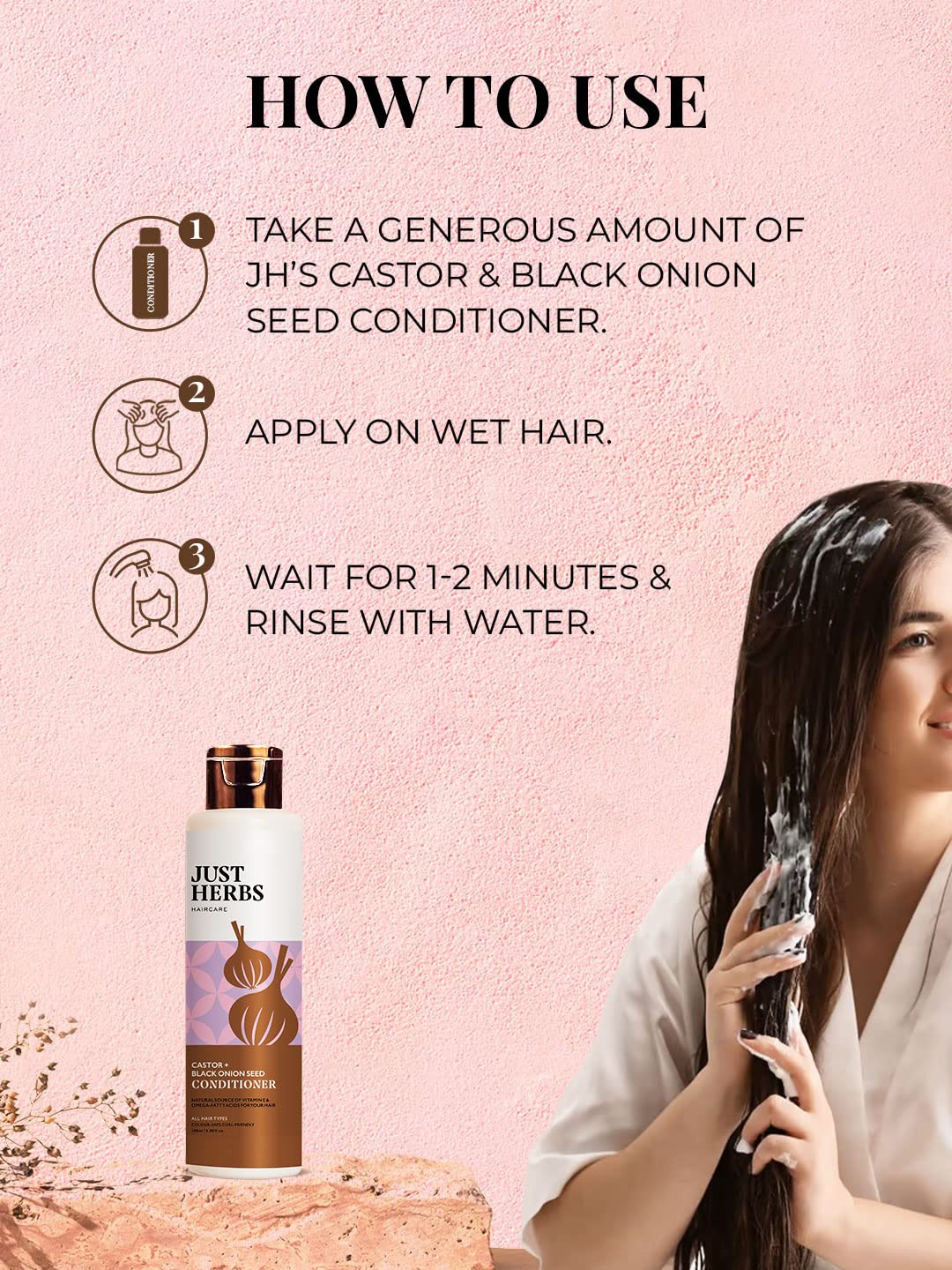 Just Herbs Ayurvedic Castor Conditioner with Onion Black Seed Oil & Bhringraj Shampoo For Color Treated Hair | Controls Frizz & Moisturizes Hair -100 ml