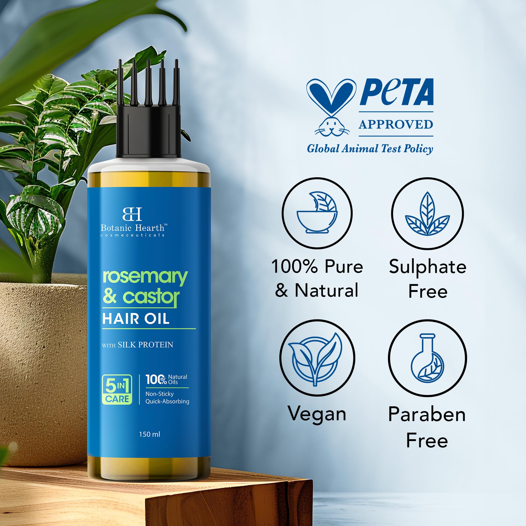 Botanic Hearth 100% Pure Rosemary & Castor Oil for Hair Growth | Stimulates Growth, Boosts Thickness, and Nourishes Scalp | 150 ml