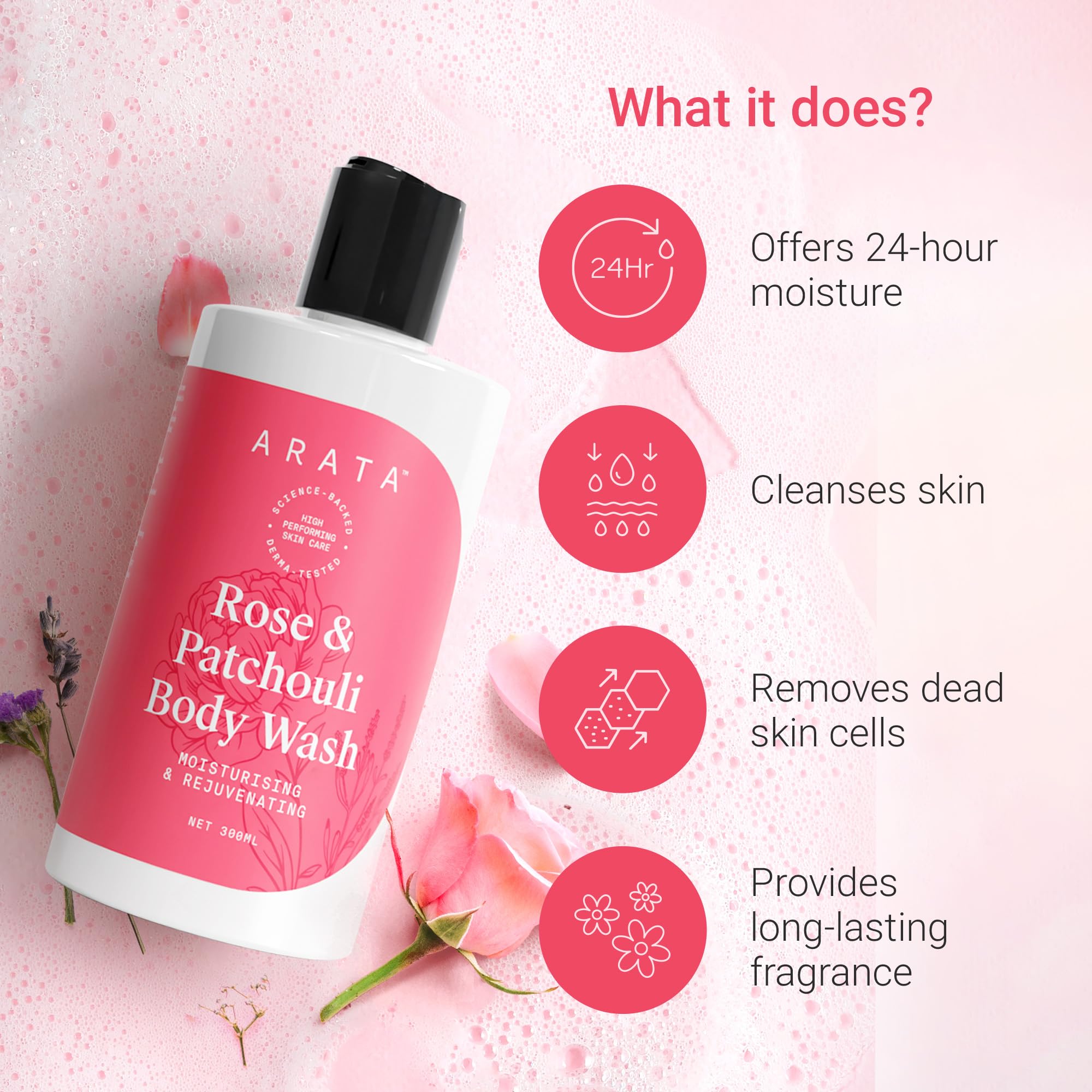Arata Rose & Patchouli Body Wash for Men & Women - 300ml | 24-Hours Moisture | Refreshing & Long-lasting Fragrance | For All Skin Types