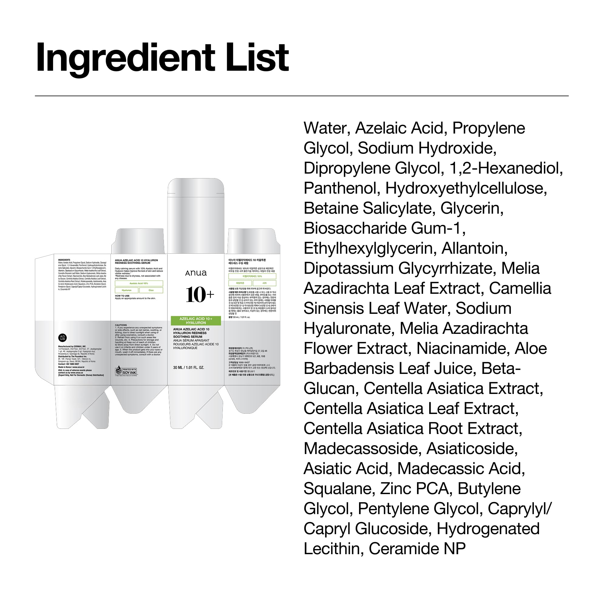 Anua Azelaic Acid 10 Hyaluron Redness Soothing Serum with Cica Soothes & Calms Acne-Prone Skin