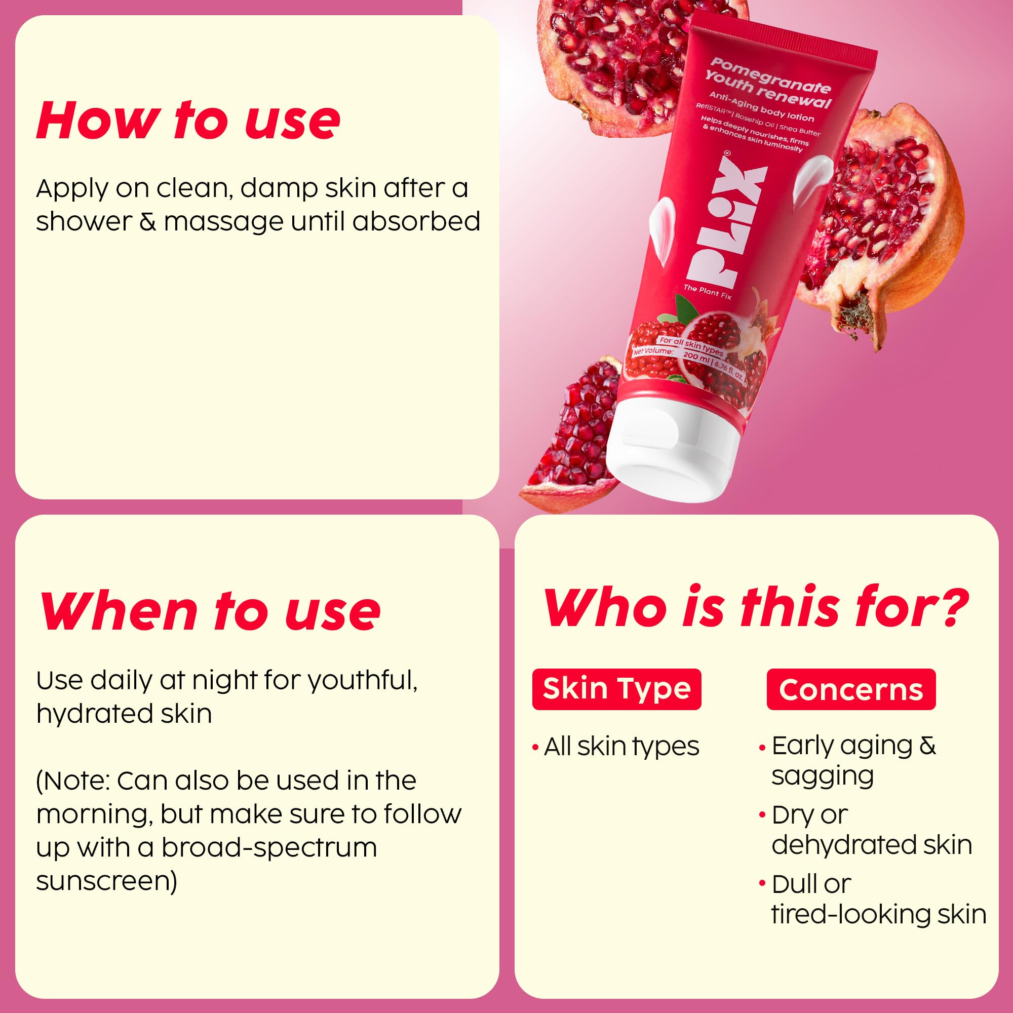 PLIX – THE PLANT FIX | Pomegranate Youth Renewal Anti-Aging Body Lotion | Reduces Fine Lines, Firms & Hydrates Skin | RetiSTAR™, Pomegranate & Shea Butter | Lightweight Daily Care