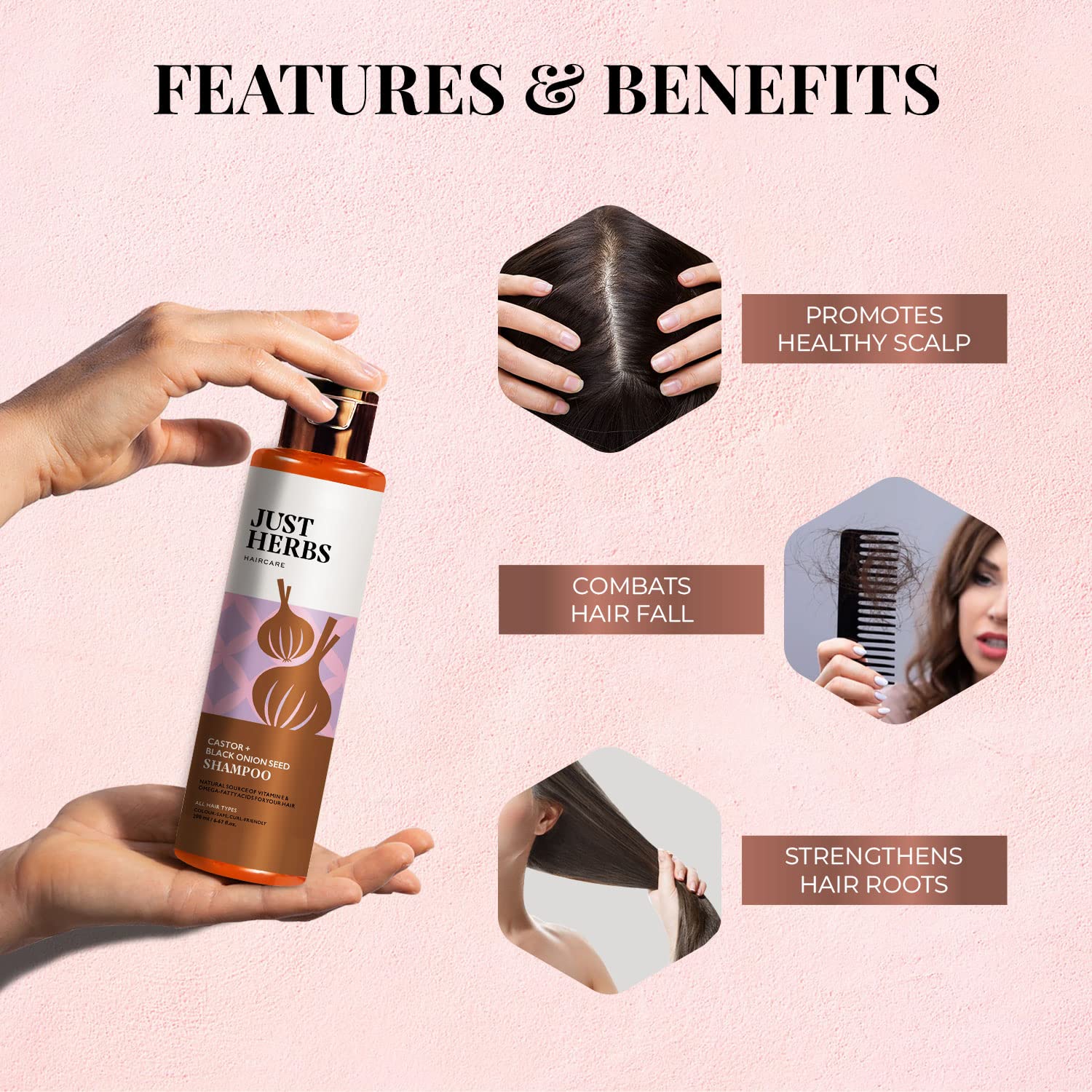 Just Herbs Ayurvedic Castor and Black Onion Seed Sulfate Free Shampoo | Reduce Hair fall | Natural Shampoo For Dry and Frizzy Hair - 200ml