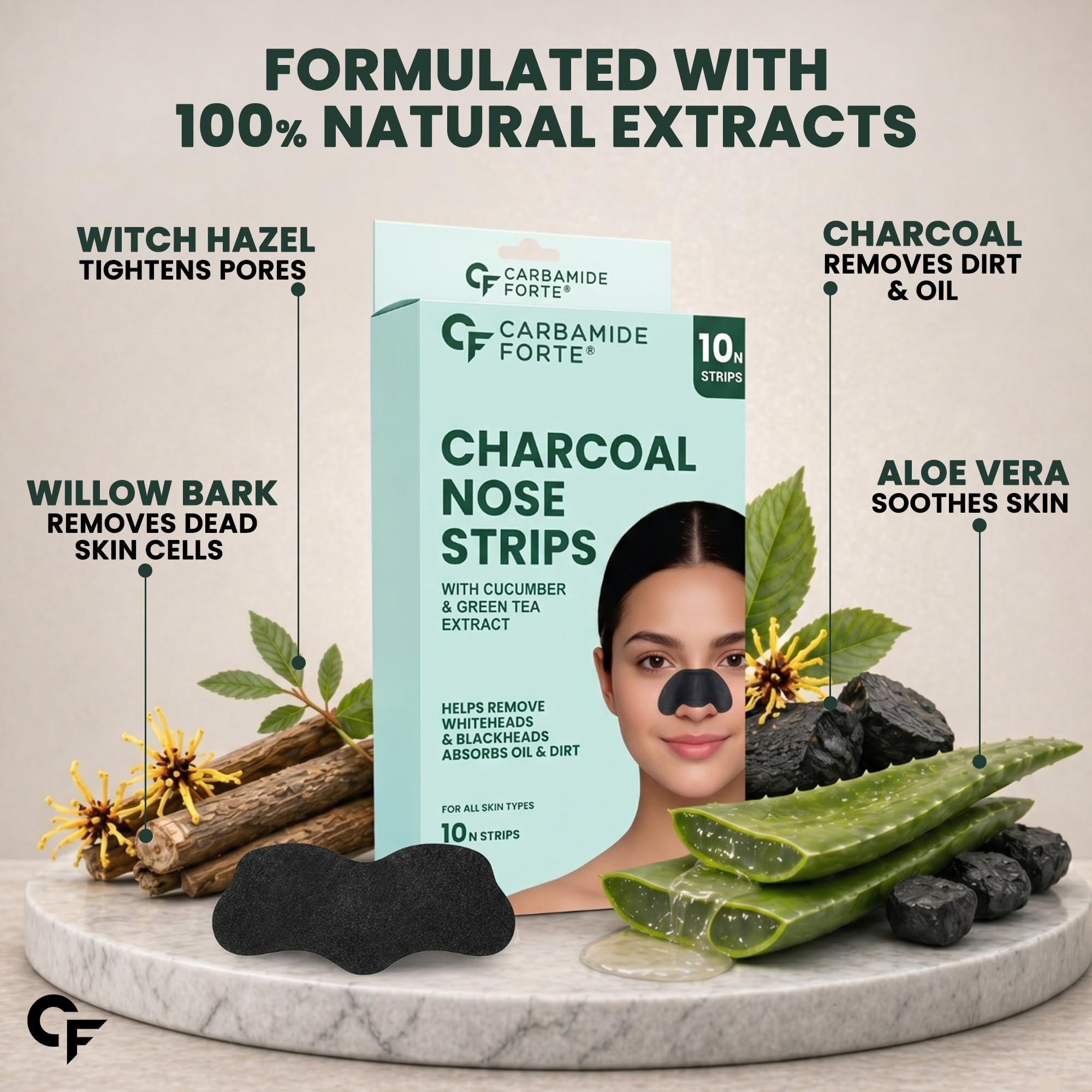 Carbamide Forte Charcoal Nose Strips for Blackhead Removal | Blackheads Removal Strips for painless and instant black head removal | Works within 15 minutes - 10 Strips