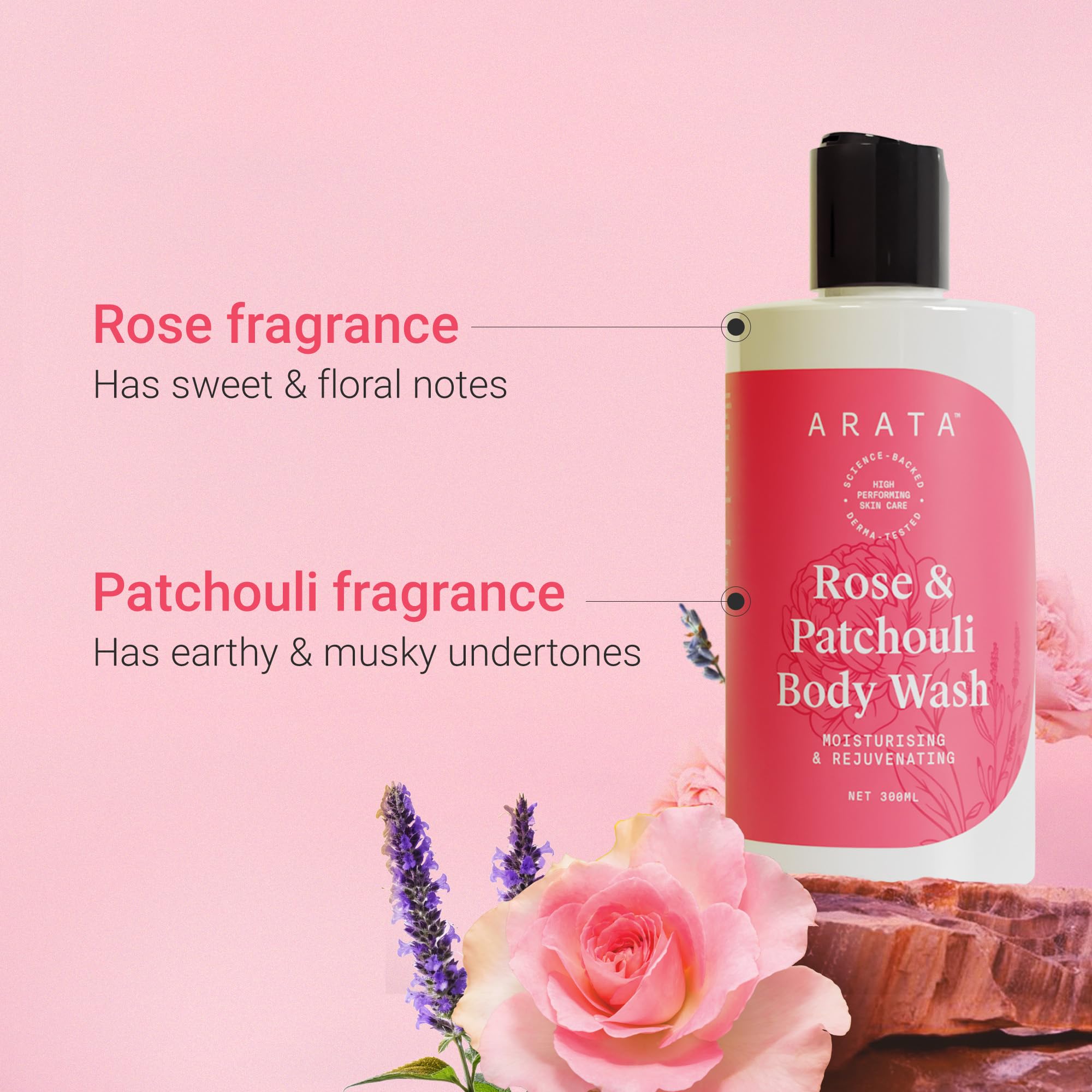 Arata Rose & Patchouli Body Wash for Men & Women - 300ml | 24-Hours Moisture | Refreshing & Long-lasting Fragrance | For All Skin Types
